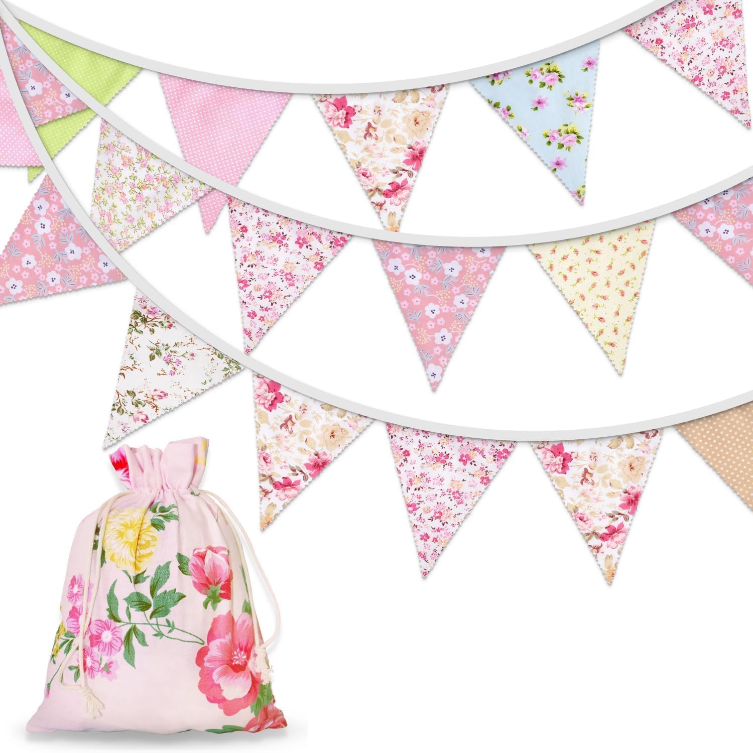Floral Bunting, 24PCS Fabric Bunting, Reusable Vintage Banner Flags for Afternoon Tea, Garden Party, Birthday, Festival, Ve Day, Spring Decorations