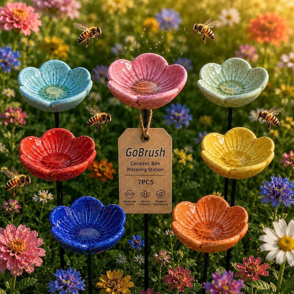 Ceramic Bee Watering Station, Poppy Blossom Flower Shaped Design, Wildlife Drinking and Water Bath Feeder Cups for Garden, 5 Pieces (C)