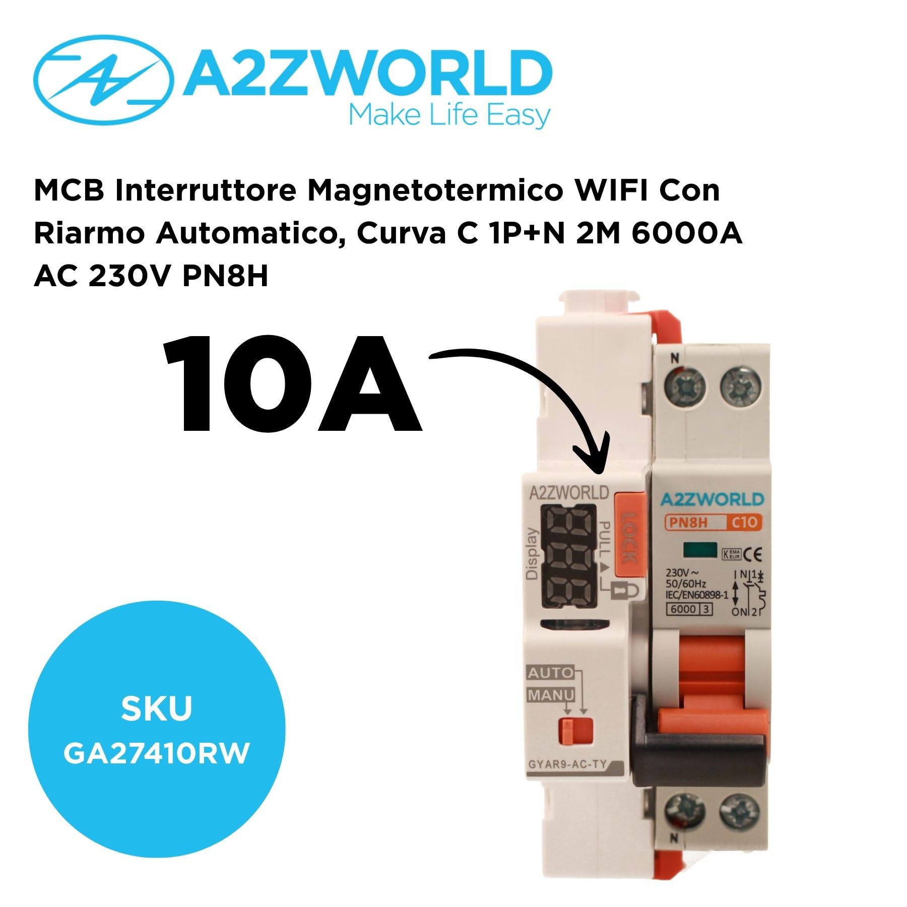 Interruttore Magnetotermico WIFI Con Riarmo Automatico, Curva C 10A, 1P+N 6kA, APP Tuya Smart Life, Solo 2 Moduli DIN 220V AC, Controllo Remote o Manuale