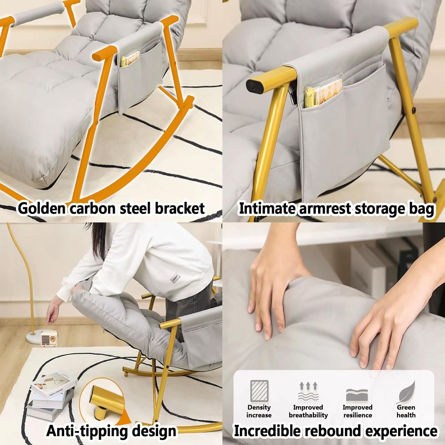 Comfortable Rocking Chair For Living Room,cushion Breathable Lounger For Bedroom,Modern Armrests Garden Rocking Chair With Legrest, Adjustable Backrest,With Side Pockets,Anti-tipping Design.