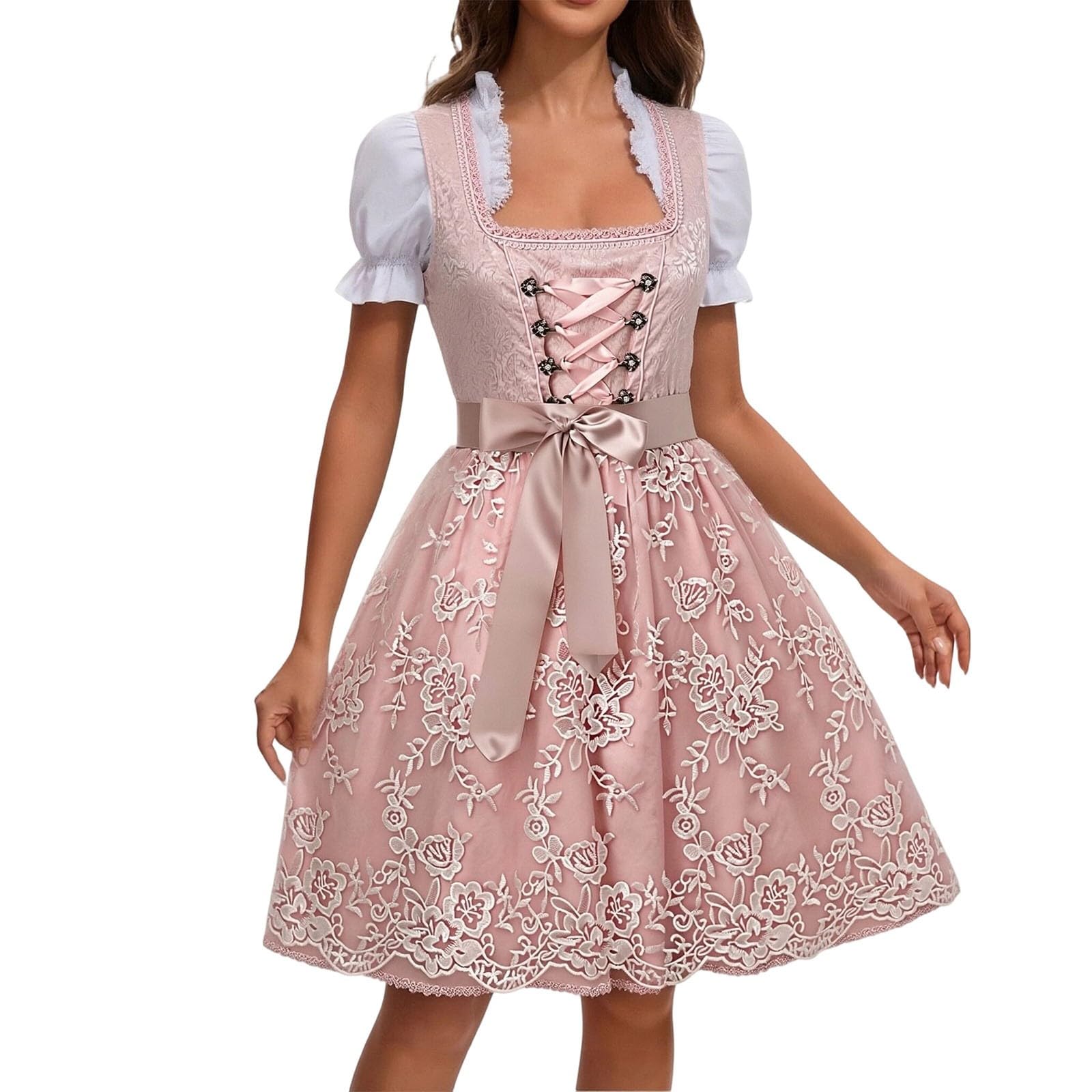 Abiti da Cerimonia Donna Dirndl Donna Elegante Set Costume Elegante Abito Bavarese per Festa Cosplay Tradizionale con Stampa Floreale e Nastro Vestito Festa