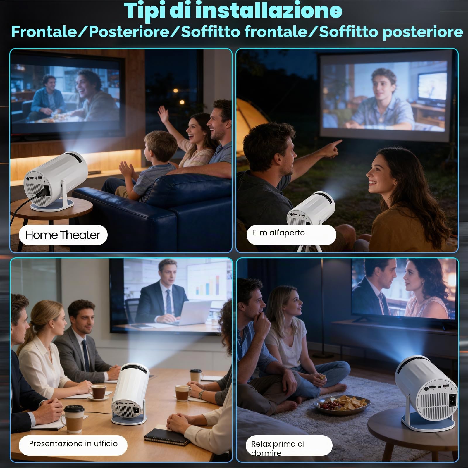 Mini Proiettore Portatile,Proiettore Portatile Full HD con 4K WiFi 6 BT5.4,Ruotabile 180°,Home Theater Videoproiettore da soffitto hd per Telefono/PC/HDMI/TV Stick/Memory Stick[App Integrata]