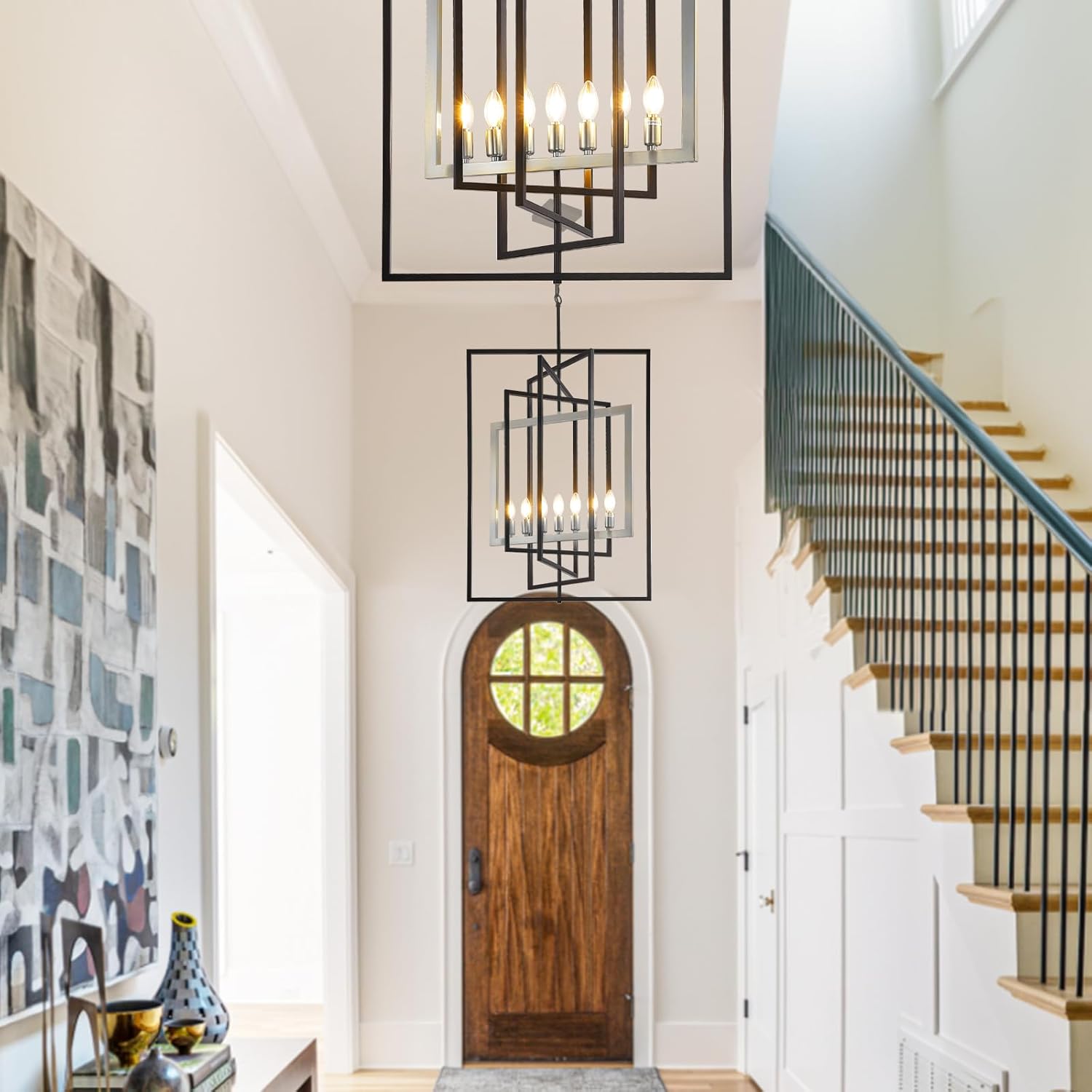 7-Light Lantern Pendant Light Fixtures, Rustic Industrial Farmhouse Foyer Lighting Fixtures, Large Foyer Chandeliers for High Ceilings, Farmhouse Modern Chandeliers for Entryway（Black & Silver）