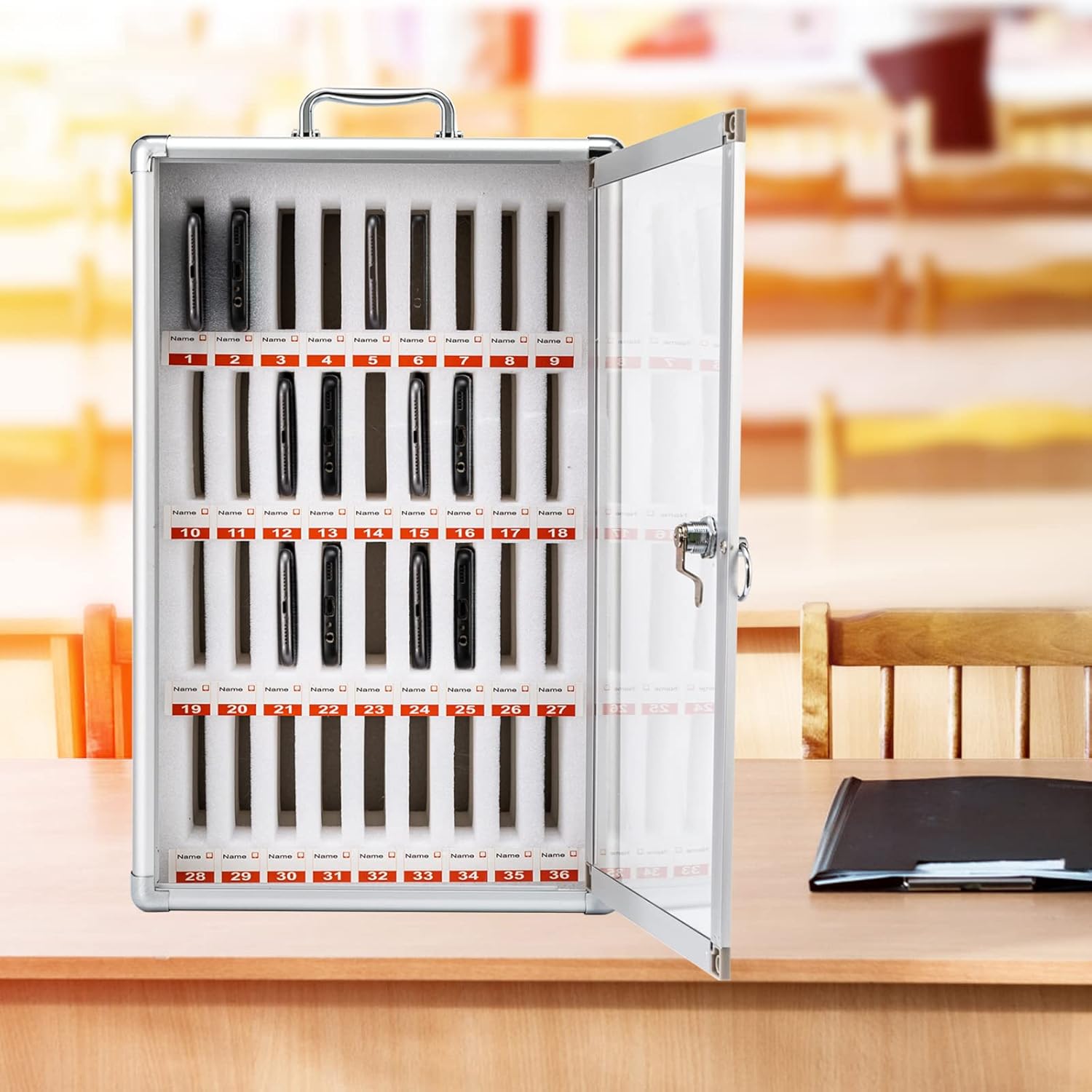 36 Slot Cell Phone Locker Cabinet, Aluminum Alloy Cell Phones Storage Cabinet Pocket with Safety Lock and Handle for Classroom Office