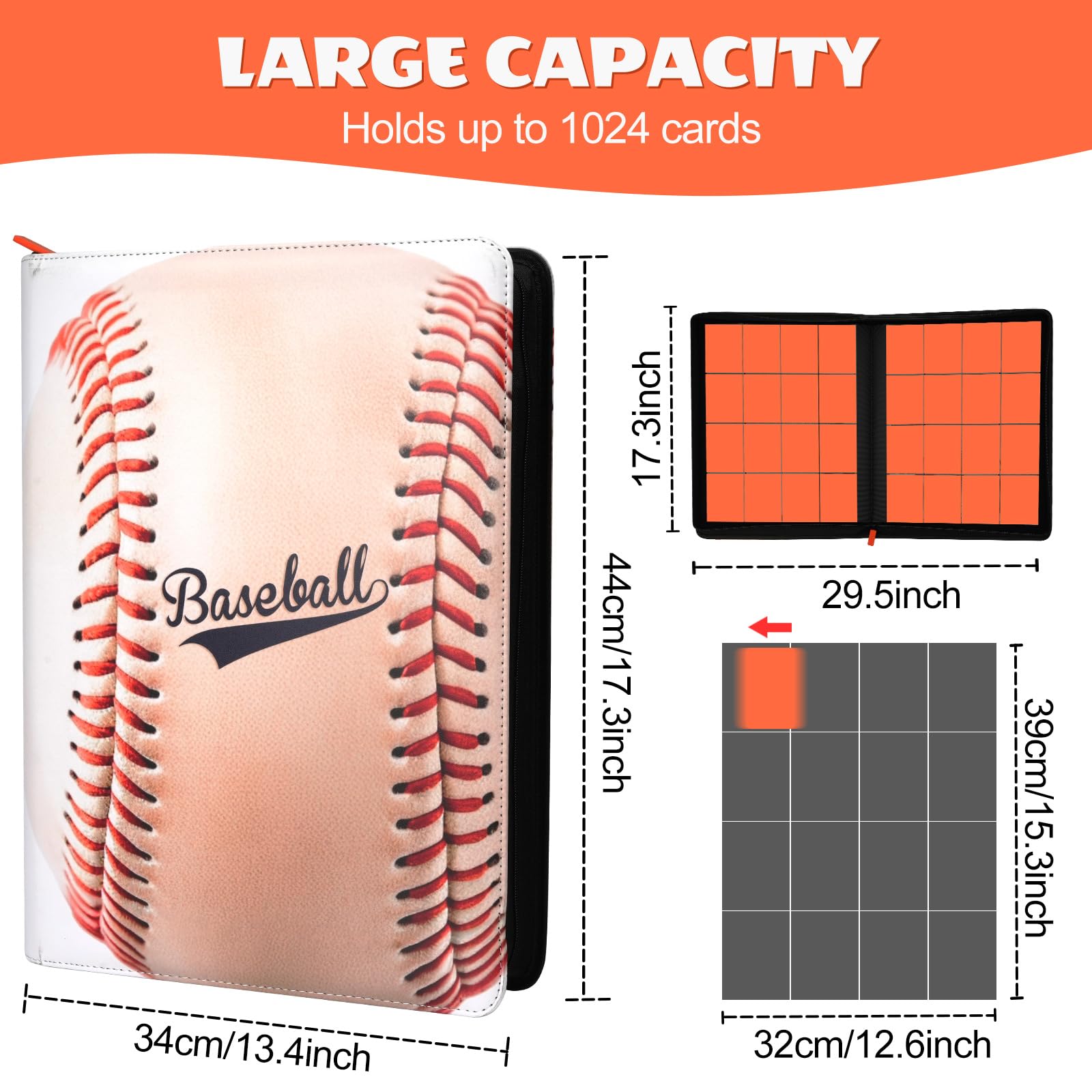 16 Pocket Card Binder mit Baseball-Muster - Hält 1024 Karten, 16 Pocket Side Loading Seiten, Reißverschluss Hardcover für Sammelkarten, Sportkarten, Baseballkarten & Sammlerstücke