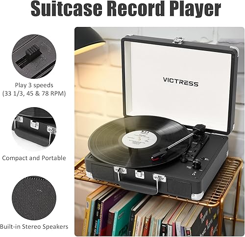 Miniatura 3 de Tocadiscos con altavoces, reproductor de discos de vinilo Bluetooth con grabación, reproductor LP portátil de maleta de 3 velocidades, tocadiscos de
