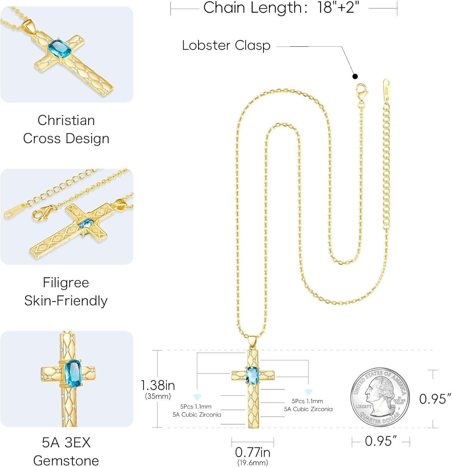 Easter Gifts for Women - 14K Gold/White Gold Cross Birthstone Pendant Necklaces, Religious Anniversary Birthday Jewelry Gifts for Wife Girlfriend Lady, Non Tarnish 18"+2"