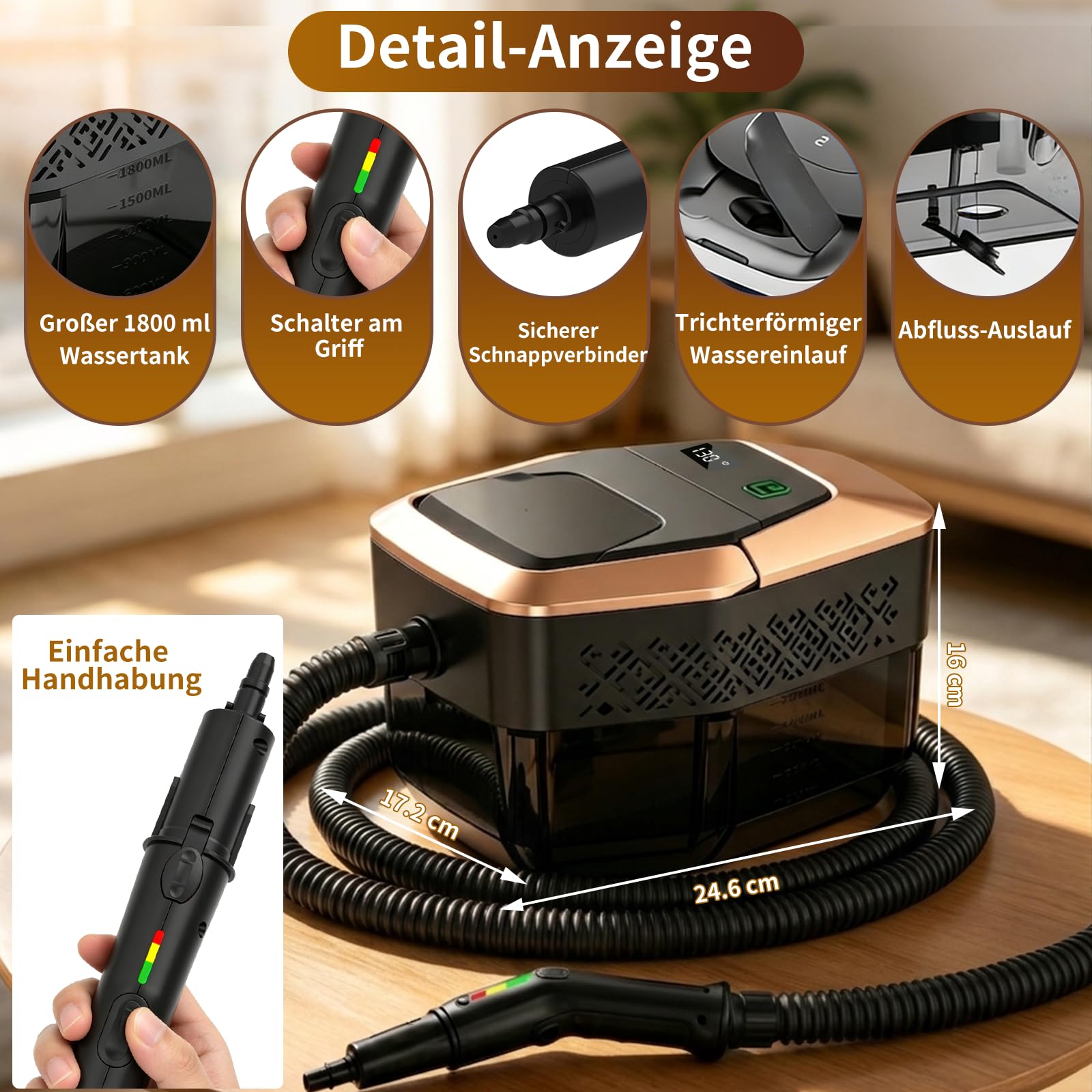 Dampfreiniger Handgerät, 2500W Handdampfreiniger mit Stufengriff, 8 Düsen, 1,8L Tank, 3 Dampfstufen, 4 BAR Hochdruck, 15S Heizzeit 105℃, Tragbarer Dampfreiniger für Auto Küche Bad Polster BBQ