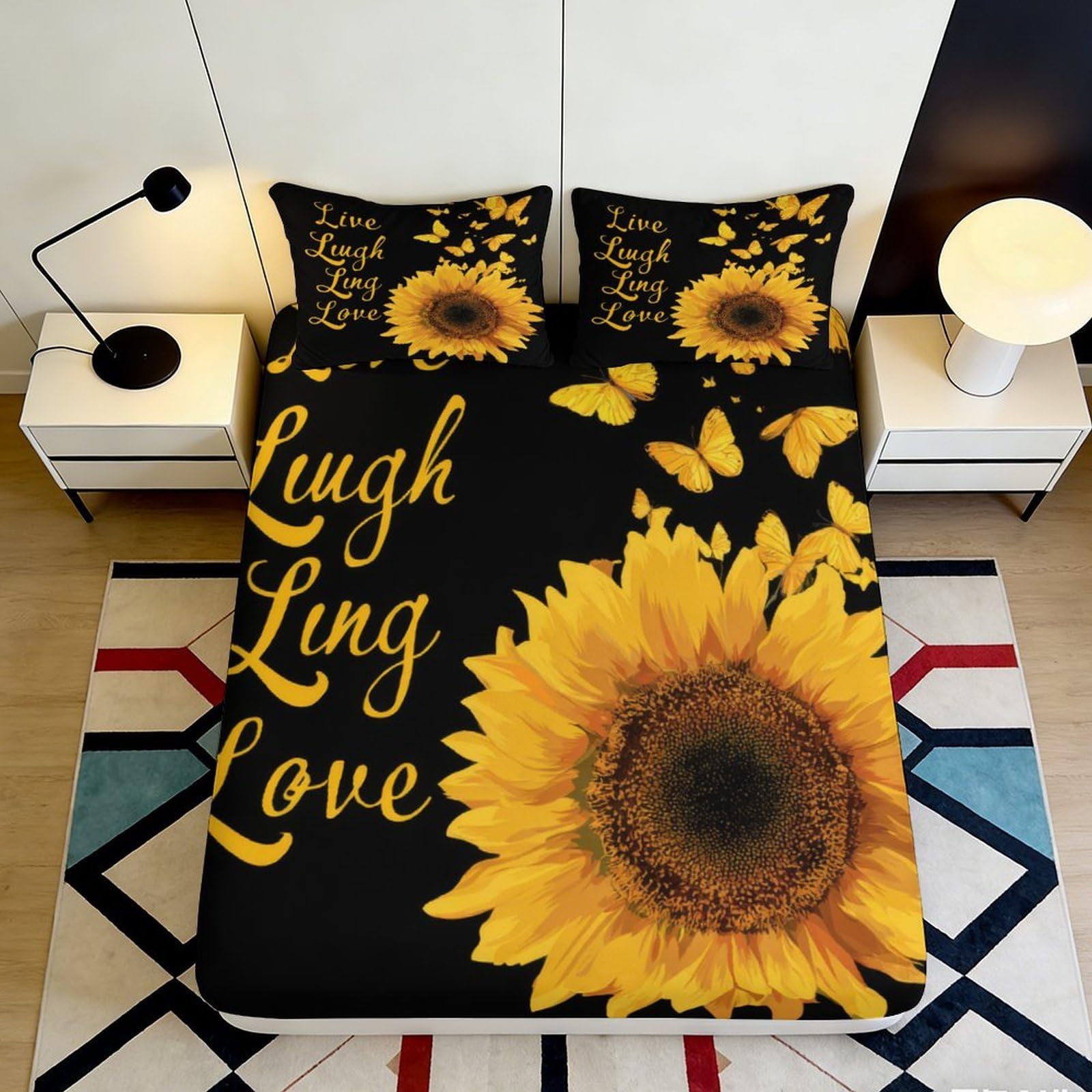 3D Printed Sunflower Butterfly Fitted Sheet Microfiber Soft Bed Sheet for Bedroom Guest Room Mattress Decor 90x200x25cm