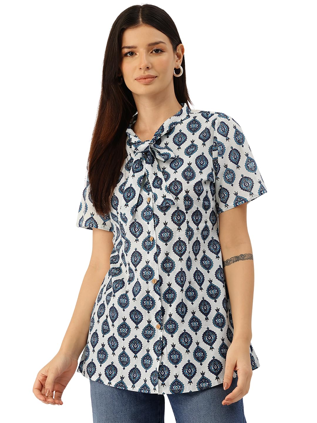feranoid Elegant Bow Collar Cotton Shirt for Women - Stylish & Comfortable (S-XXL)-picture-0