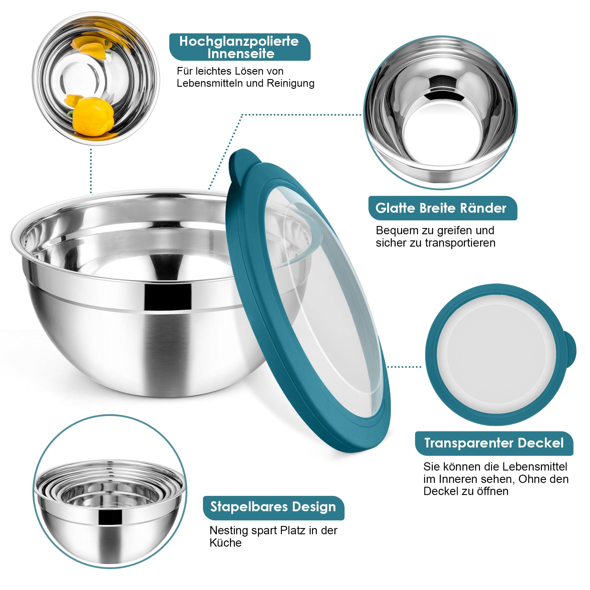Joyfair Set di 5 ciotole in acciaio inox con coperchio ermetico trasparente, 4,5 l, 2,7 l, 1,5 l, 1,2 l, 0,7 l, impilabili, per servire/cucinare/cuocere, lavabile in lavastoviglie, colore: blu