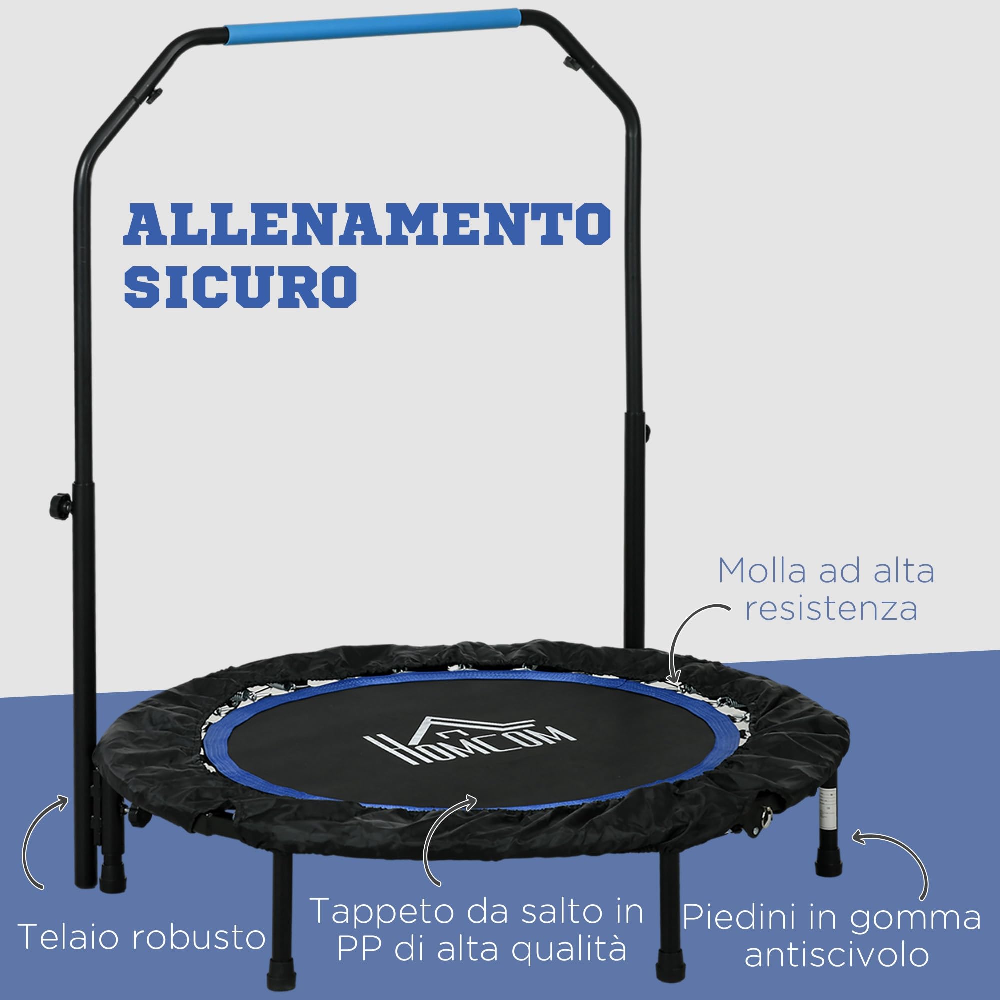 HOMCOM Trampolino Elastico per Adulti Ø102/114cm Pieghevole con Maniglia Regolabile, Tappeto Elastico a Molle Bunge, in Acciaio e PP