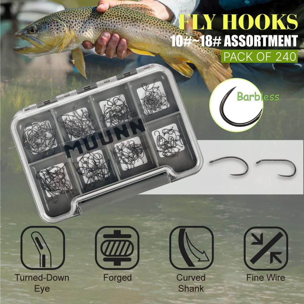 240Pcs Fly Tying Hooks Assortment, Barbless Fishing Hook Trout, Curved Nymph Hooks and Dry Fly Fishing Hooks 10# ~18# with Box