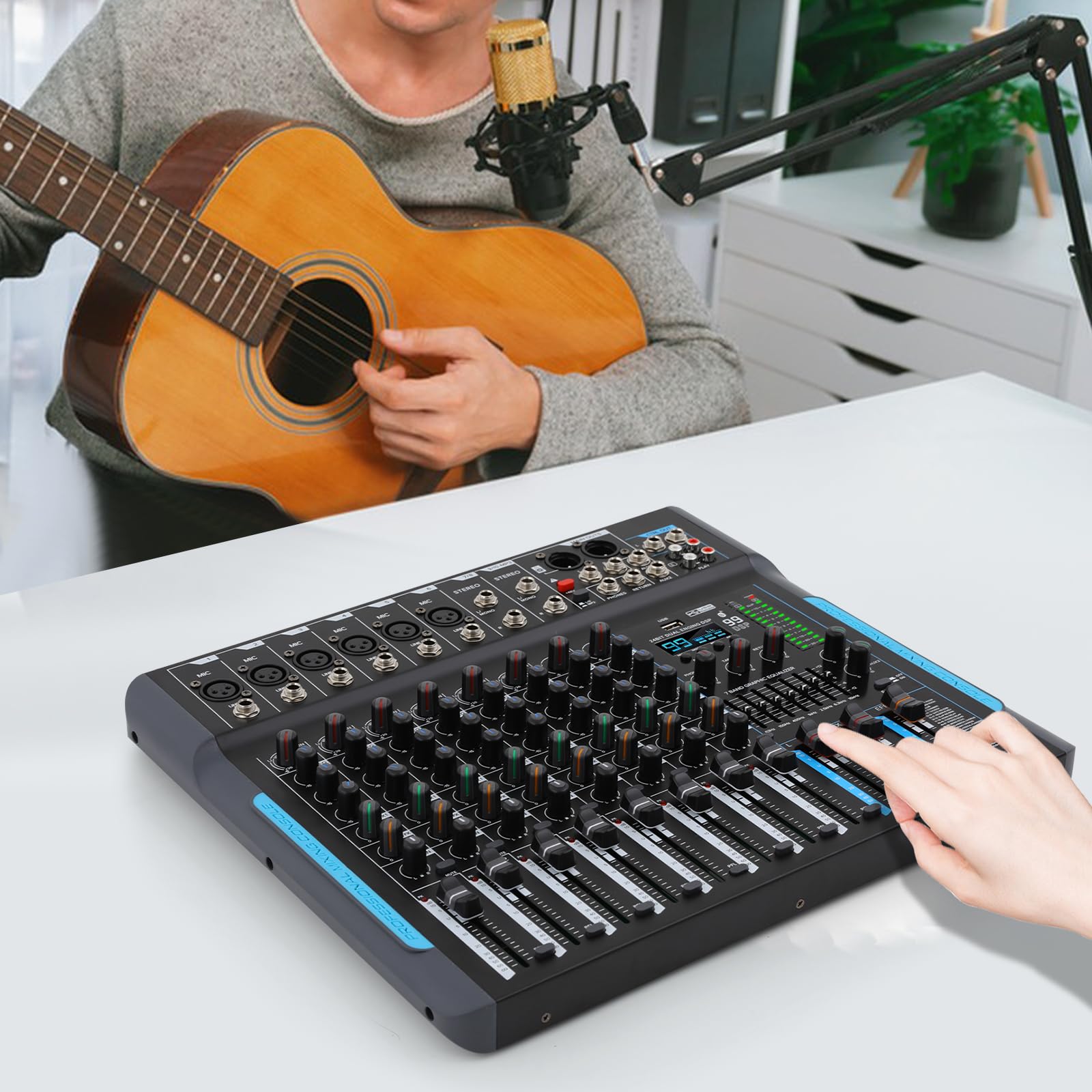Console mixer audio professionale a 10 canali, mixer audio, mixer, console stereo USB/Bluetooth con 99 DSP Reverb 7 band equilibrio per palcoscenico DJ musica