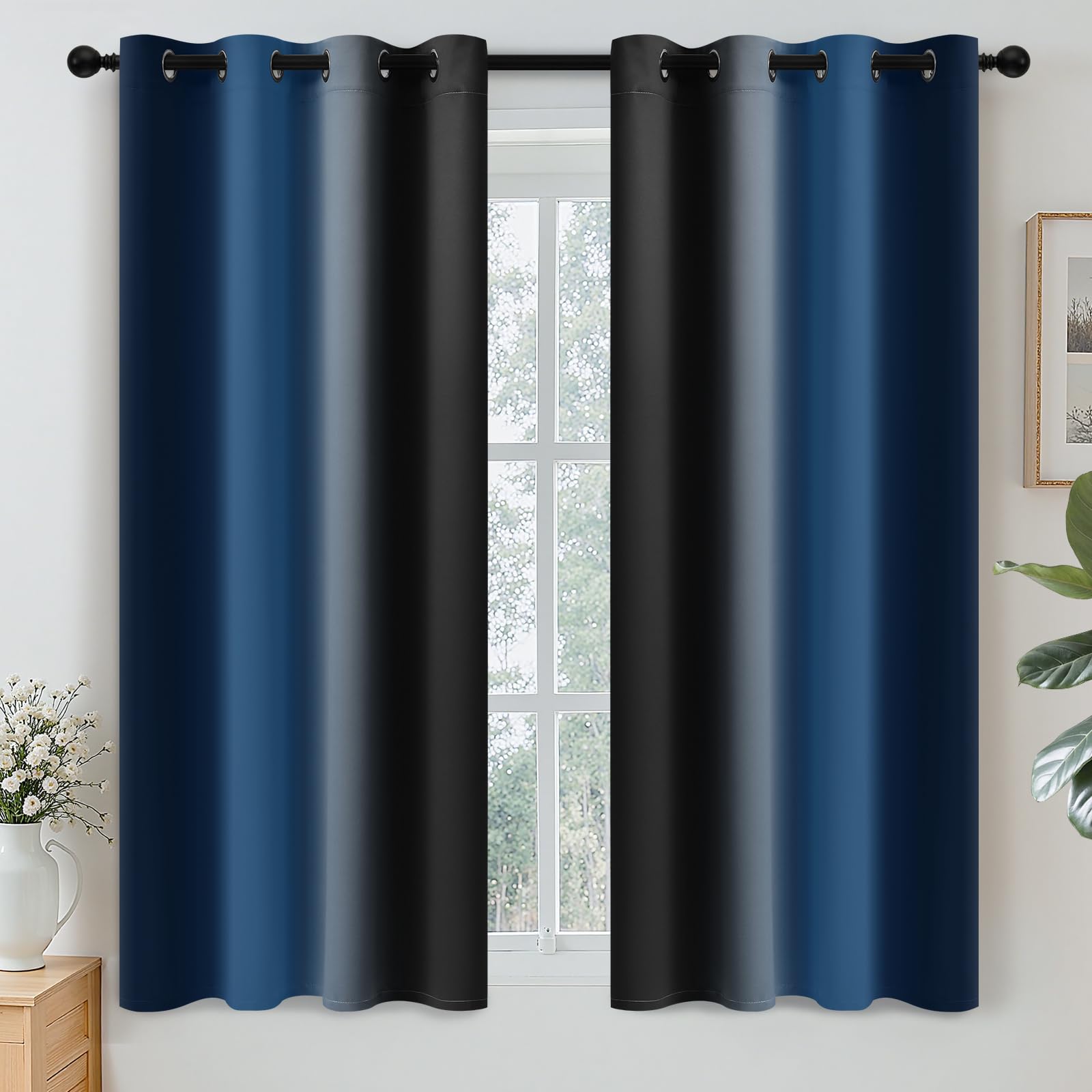 Yakamok Blackout Ombre Dark Blue and Black Curtains for Bedroom, Gradient Room Darkening Curtains, Grommet Thermal Insulated Light Blocking Window Drapes/Curtain for Living Room,52 x 54 Inch,2 Panels