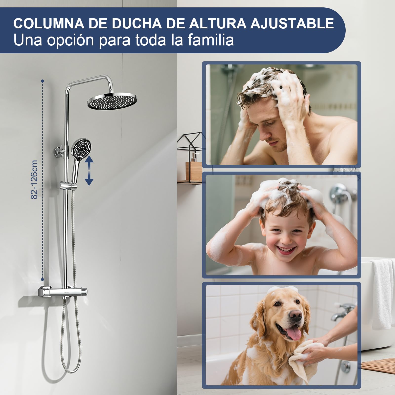 Sistema de ducha con termostato ducha de lluvia de acero inoxidable ducha de mano de 25 cm 3 tipos de chorro juego de grifería de ducha altura ajustable con protección anti-escaldaduras