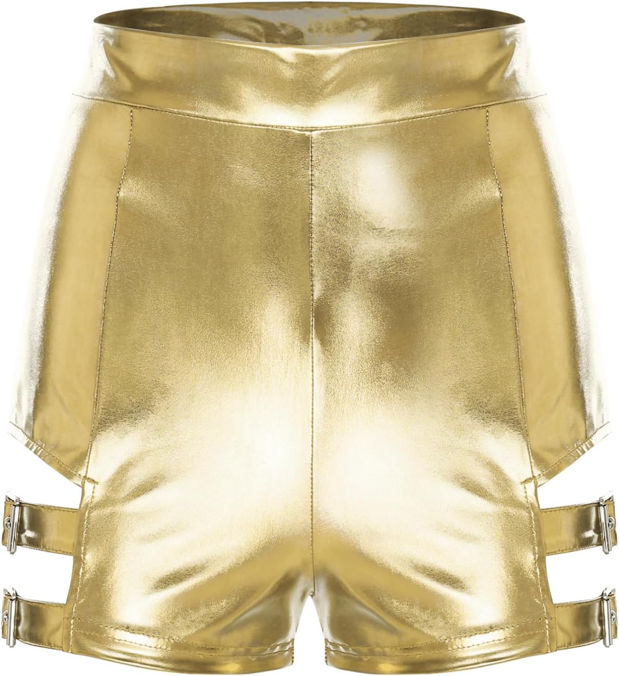 iiniim Womens Metallic Shiny Shorts Thighs Cutout with Metal Buckles Hot Pants for Dance Festival