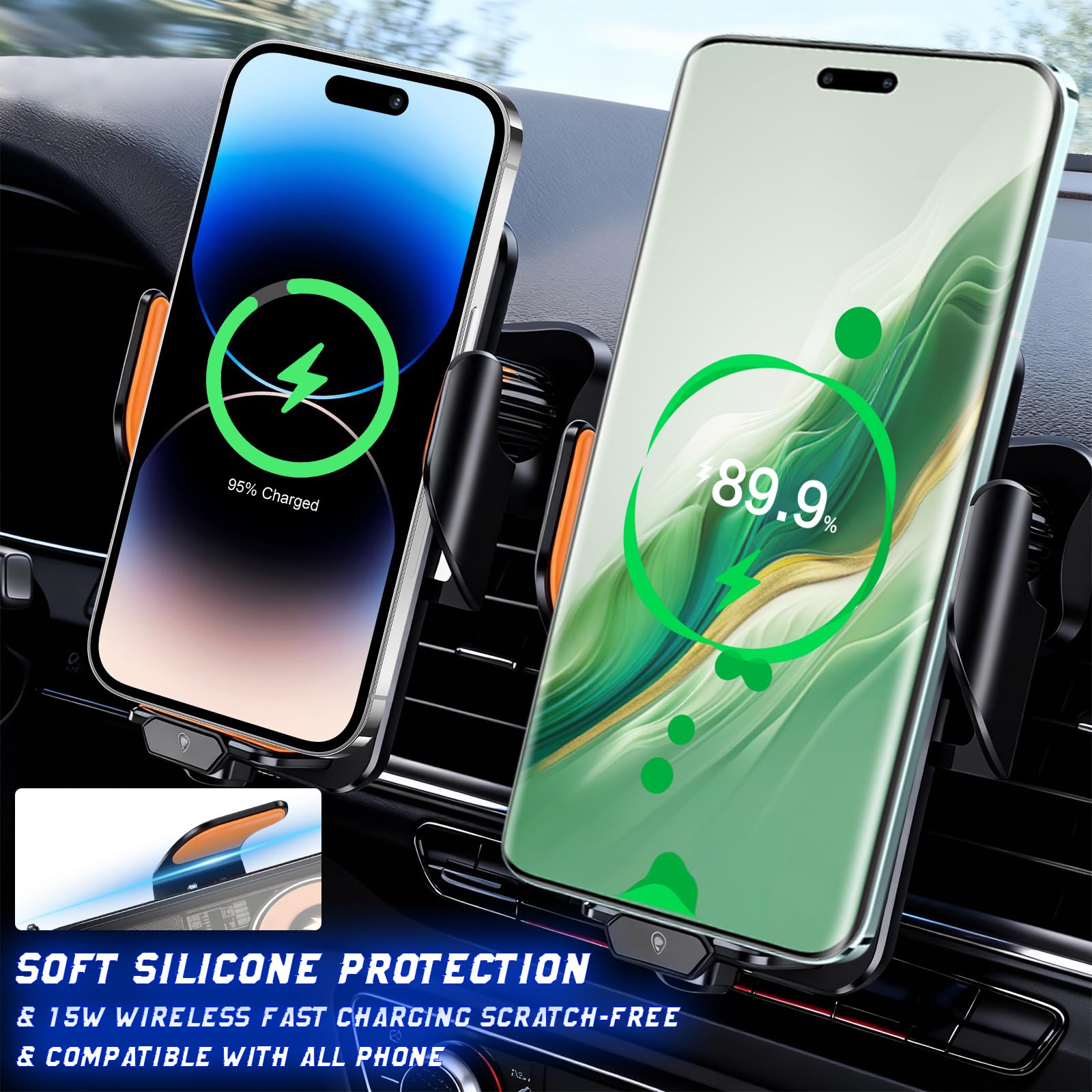Caricabatterie da auto wireless veloce Supporto per telefono di ricarica wireless per navigazione magnetica per auto Supporto per telefono automatico Smart Sensor Bloccaggio rotante con stazione di