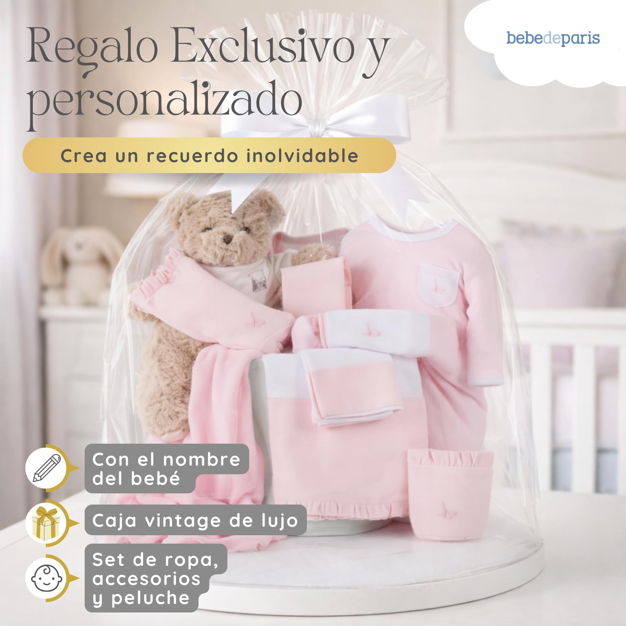 Regalos para Bebes Recien Nacidos Personalizados | Canastilla Bebé Clásica | Cesta de Regalo Bebé Personalizada | 3 a 6 Meses (Rosa) | BebeDeParis