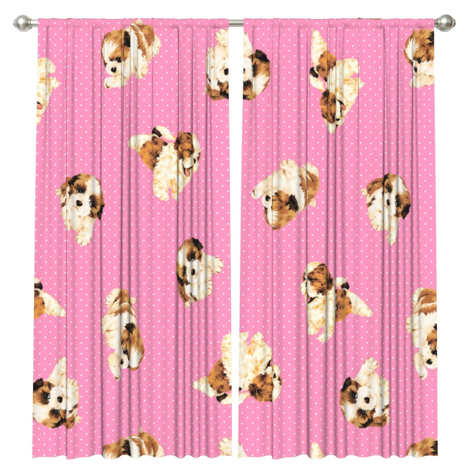 InOmak Shih Tzu Pink Polka Dot, 2 Panels Window Curtains 52 x 84 Inch Blackout Curtains for Living Room Bedroom