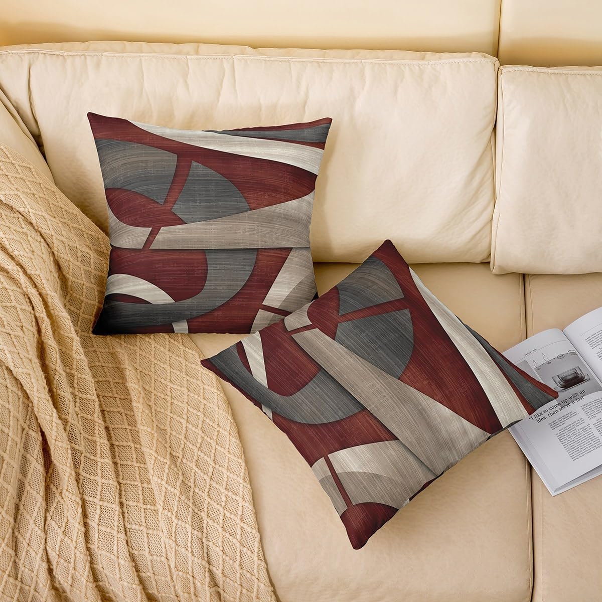 Abstract Spiral Throw Pillow Covers 24x24 Inch Set of 2 Retro Burgundy Red Gray Geometric Stripes Lines Cushion Covers for Teens Men Women Modern Simple Style Cushion Cases for Living Room Couch