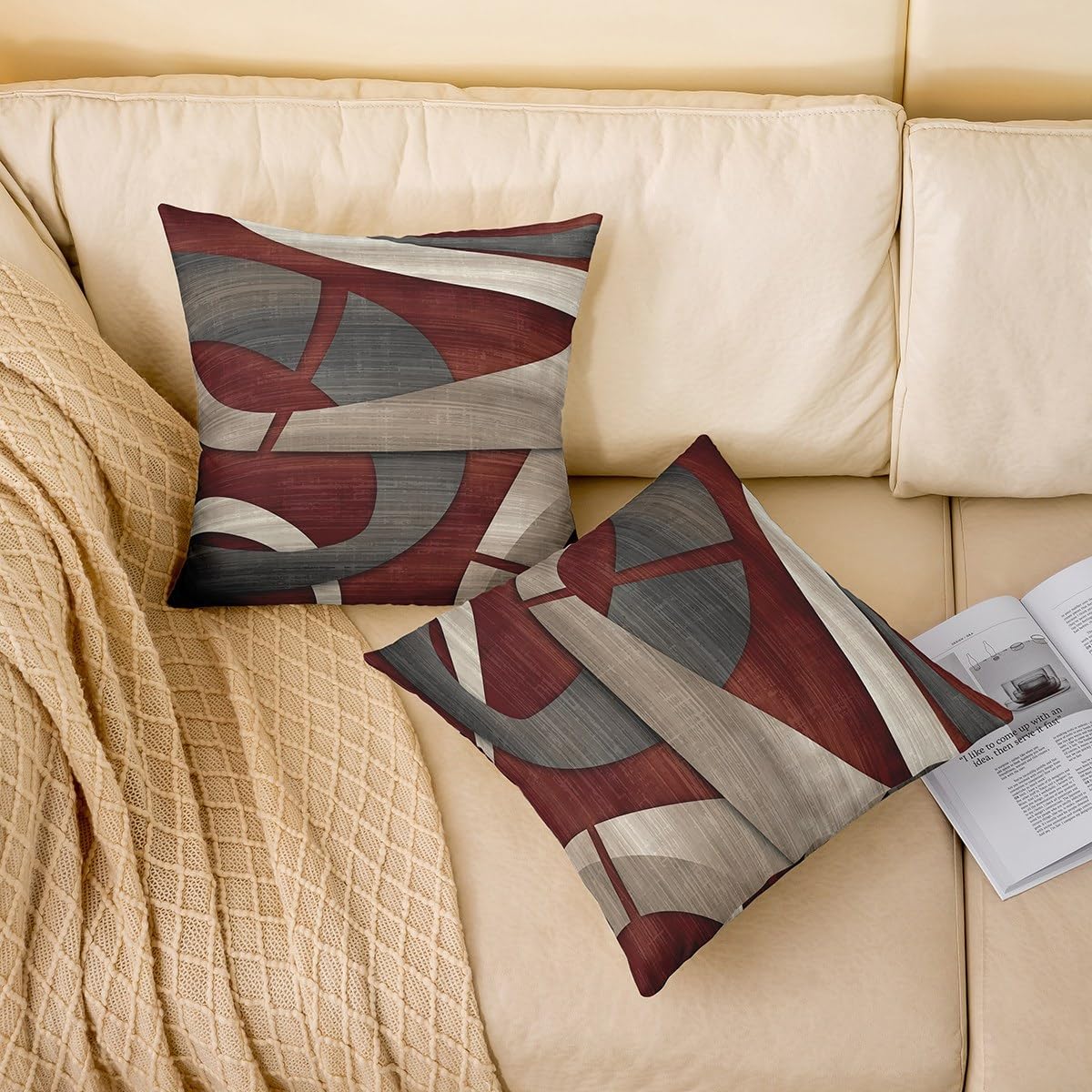 Abstract Spiral Throw Pillow Covers 20x20 Inch Set of 2 Retro Burgundy Red Gray Geometric Stripes Lines Cushion Covers for Teens Men Women Modern Simple Style Cushion Cases for Living Room Couch 1