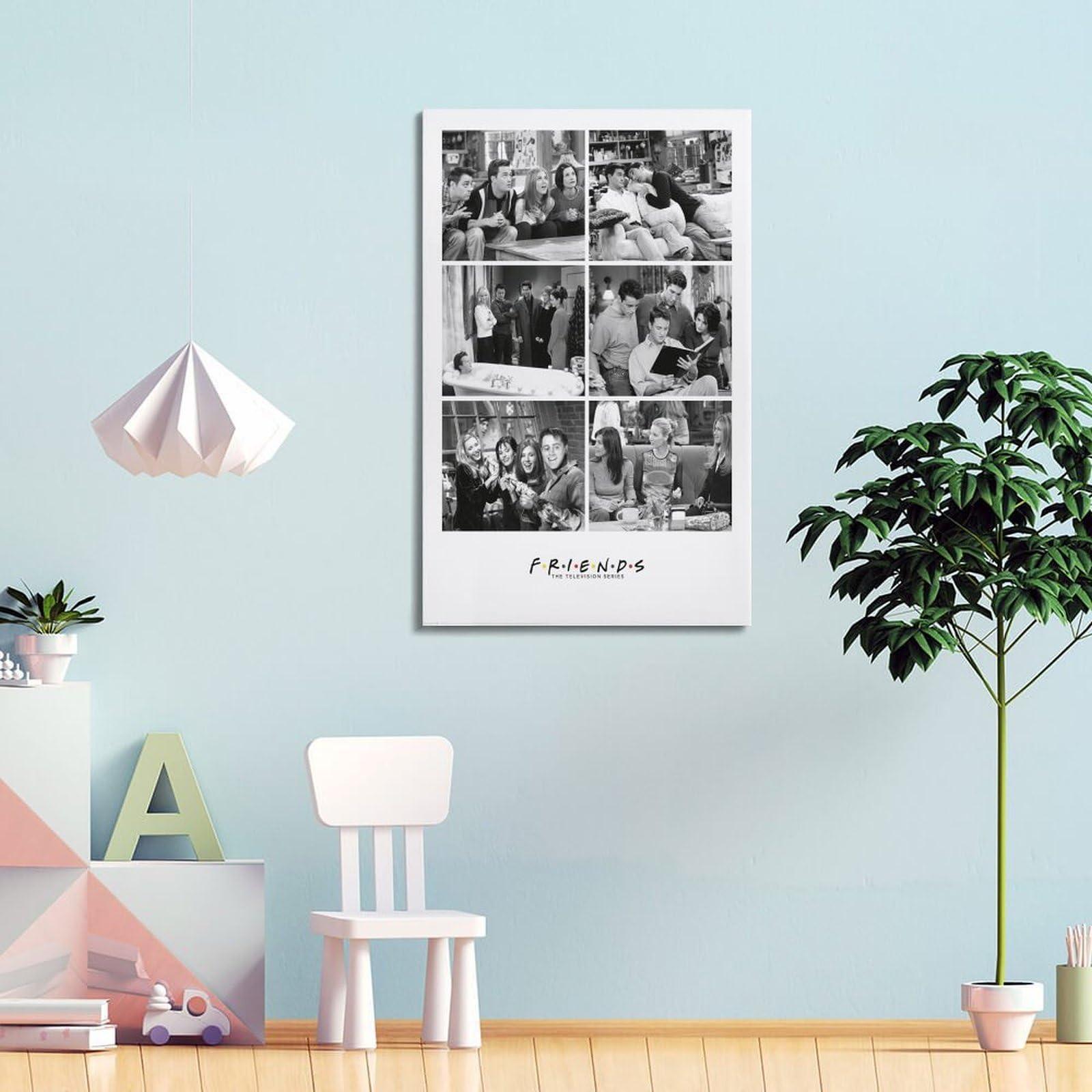 Un poster in bianco e nero con sei pannelli che mostrano il cast principale della serie TV Friends in varie scene poster pittura decorativa poster da parete su tela e stampa artistica moderna camera