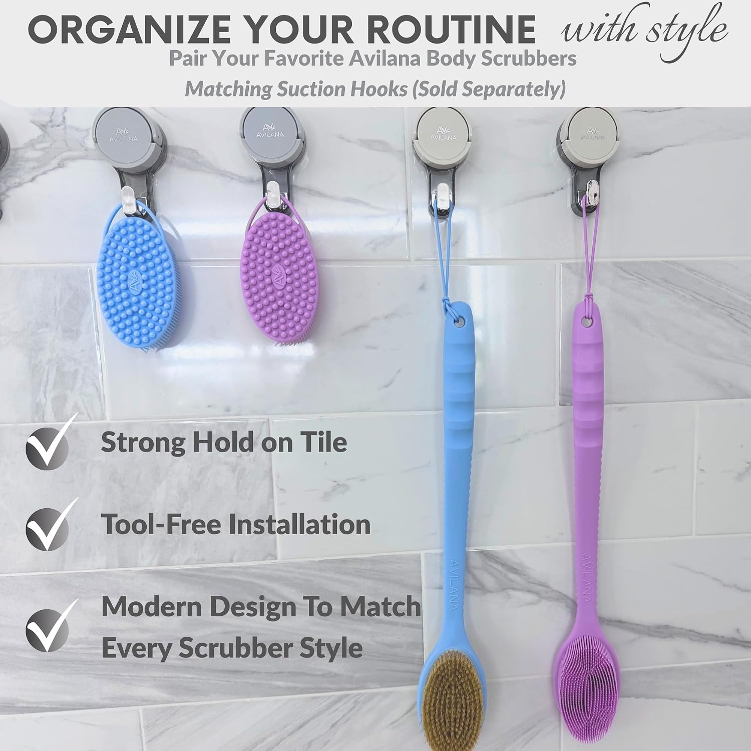 Avilana Exfoliate Silicone Body Scrubber (Gray) + Suction Hook (2-Pack) – Gentle Exfoliation, Fast-Drying, BPA-Free Shower Brush & Loofah Alternative – No-Drill Storage Solution image 3