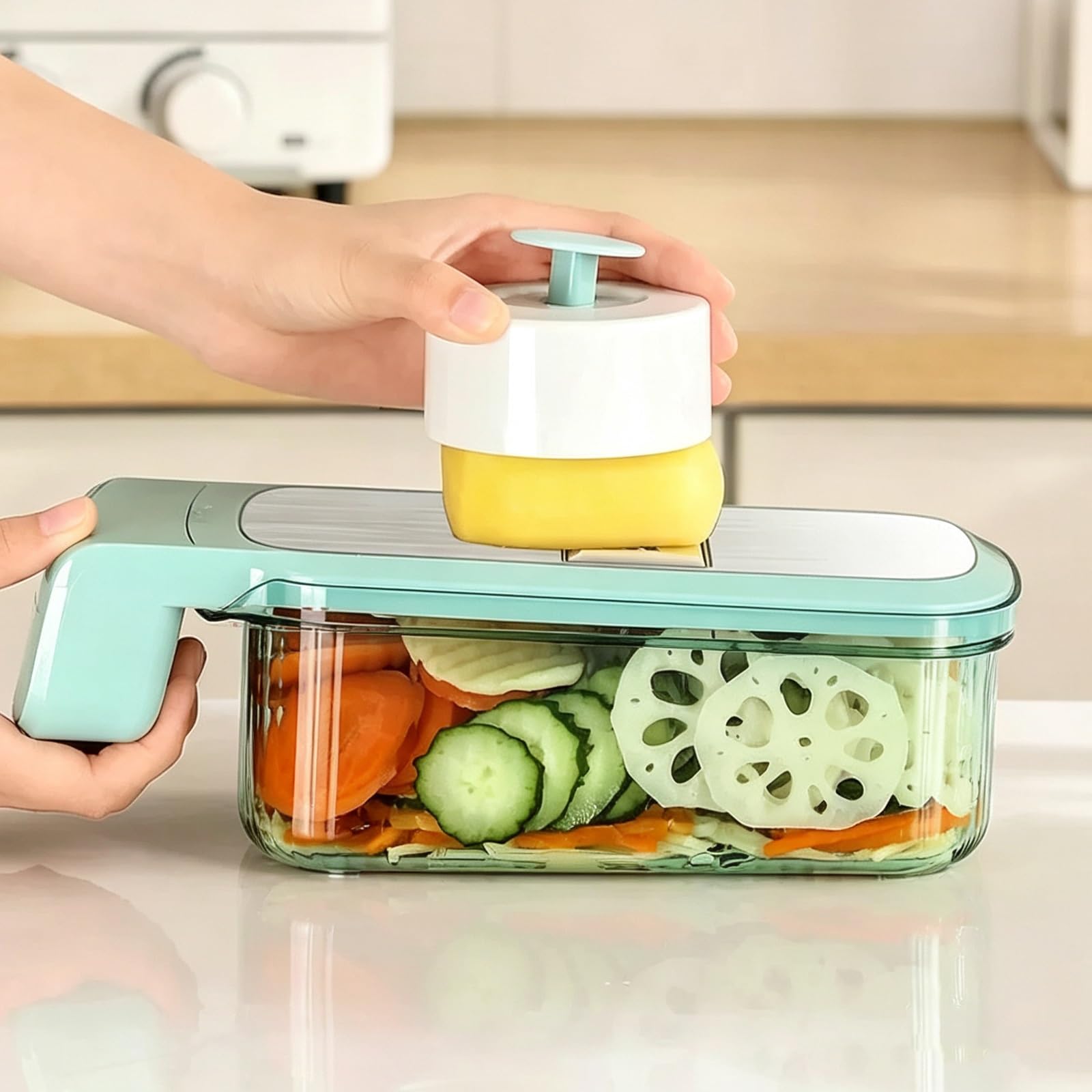 Cortador de Verdura Manual, Mandolina de Cocina Multifuncional, con Recipiente Y Protector Manos, 5 Cuchillas Reemplazables, para Cebolla, Patata, Zanahoria, Utensilio Cocina