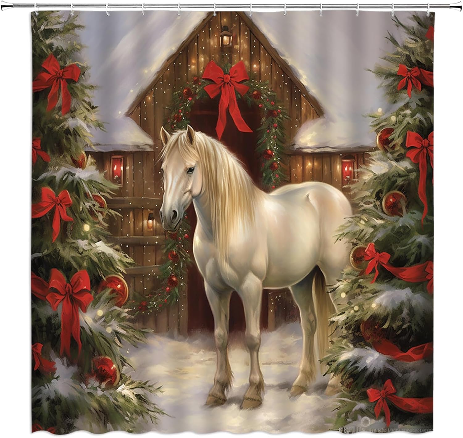 Farmhouse Christmas Shower Curtain Red Retro Farm Barn Cute Dog Pine Tree Forest Snowflake Rustic Winter Holiday Fabric Bathroom Decor Curtain with Hooks,70Wx96H Inches