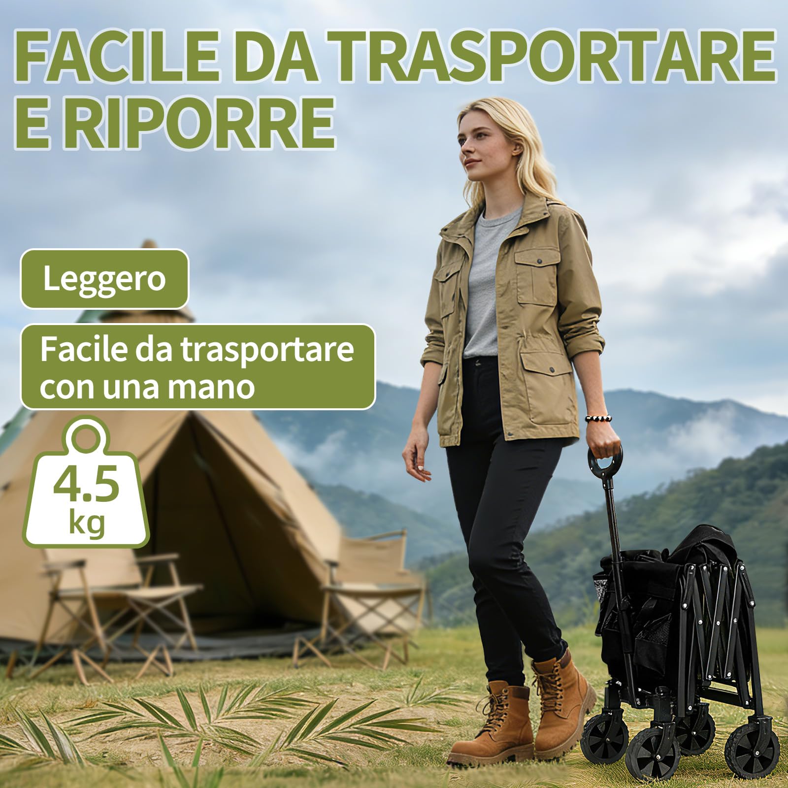 Carrello pieghevole è dotato di grandi ruote staccabili e di una maniglia regolabile, Capacità di carico massima 100kg/210 kg，Adatto per campeggio, giardini e shopping