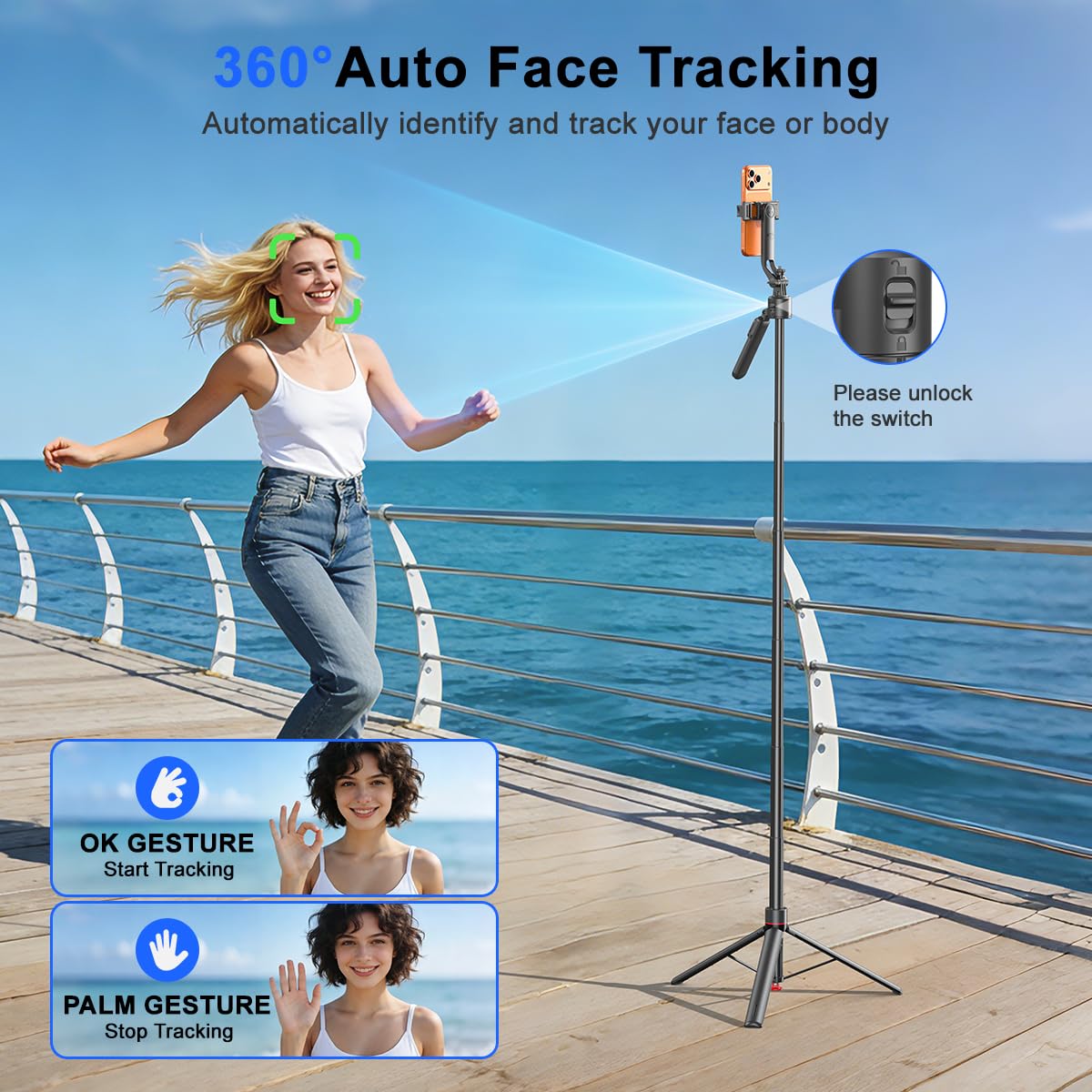 Treppiede per selfie da 176 cm, rotazione a 360°, apertura automatica, con telecomando ricaricabile, per TikTok/Vlog/Live Stream, compatibile con iPhone/Android/fotocamera/GoPro