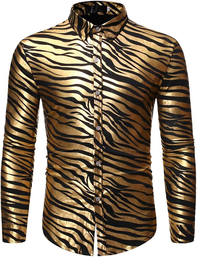 HOP Fashion Mens ZebraStriped Shirt Long Sleeve Slim Fit Button Down