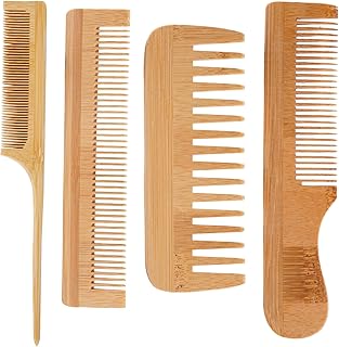 4 Pcs Wooden Comb,Bamboo Peine De Bambu Para El Cabello for Women Men, Bamboo Wide Tooth Hair Wood Combs,Effective Anti Static