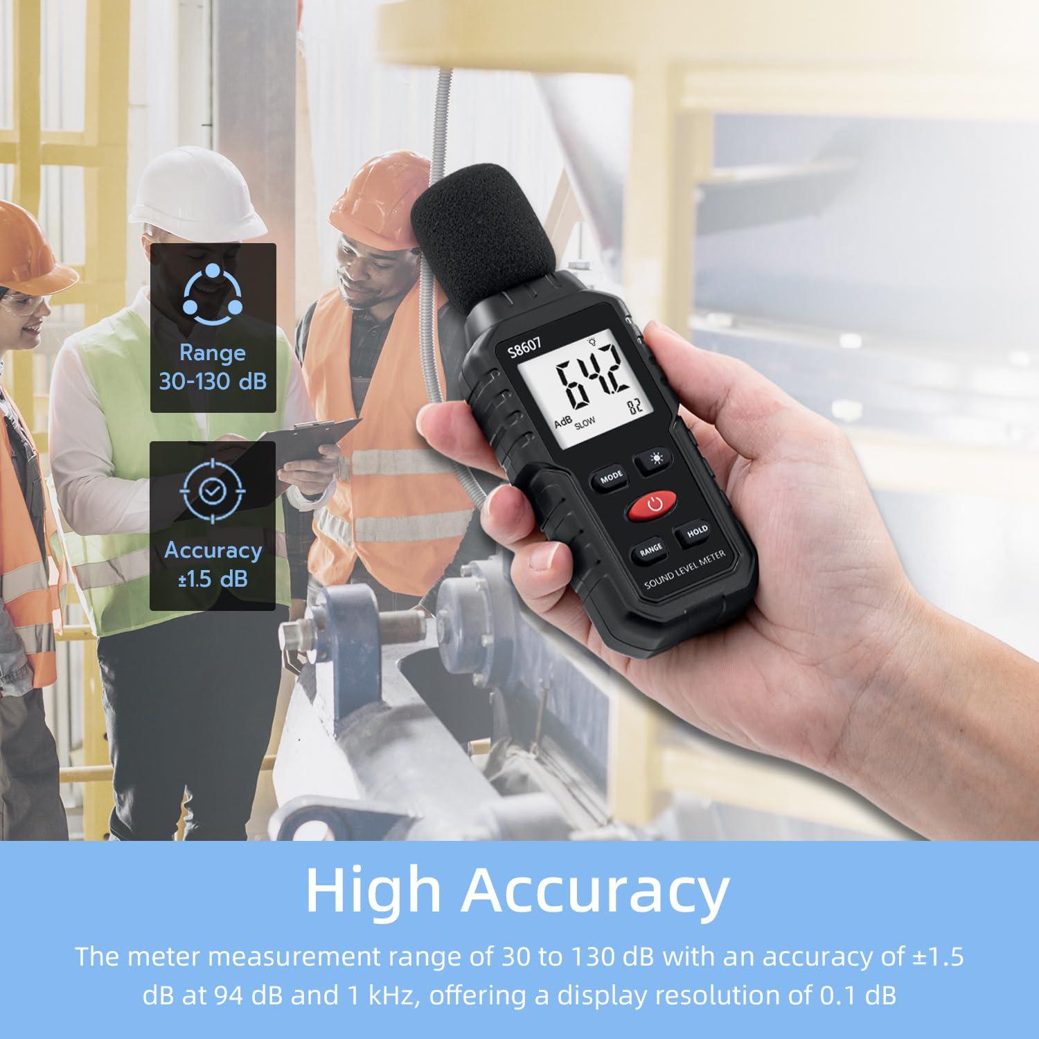 Sonómetro Medidor de Decibelios 30-130 dB – Decibelímetro Digital – Medidor Nivel Sonido para Ruido Vecinos, Oficina, Taller, Fábrica, Sitio Construcción