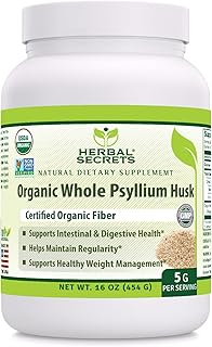 Herbal Secrets Organic Whole Psyllium Husk 16 oz Powder Supplement | 5 Grams Per Serving | 90 Servings | Non-GMO | Gluten Free | Made in USA | USDA Certified