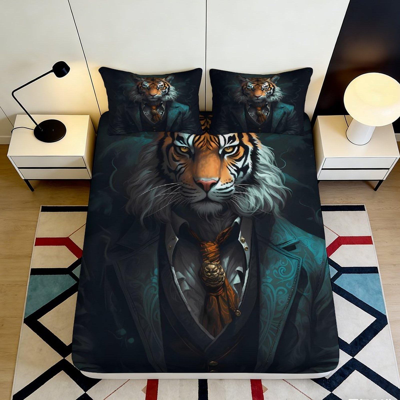 3D Printed Tiger Suit Fitted Sheet Microfiber Soft Breathable Animal Portrait Mattress Cover for Bedroom Dorm Decor 200x200x25cm