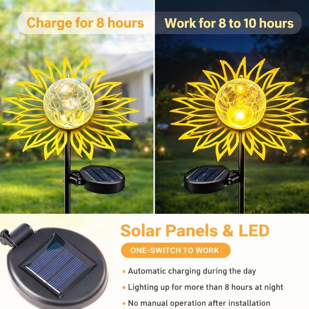 Solar Garden Lights Outdoor Decor, Metal Flower Stake Light with Warm White Crackle Glass Globe, Waterproof Decorative Solar Yard Art for Patio Lawn Backyard Pathway, Gardening Gift, Gold