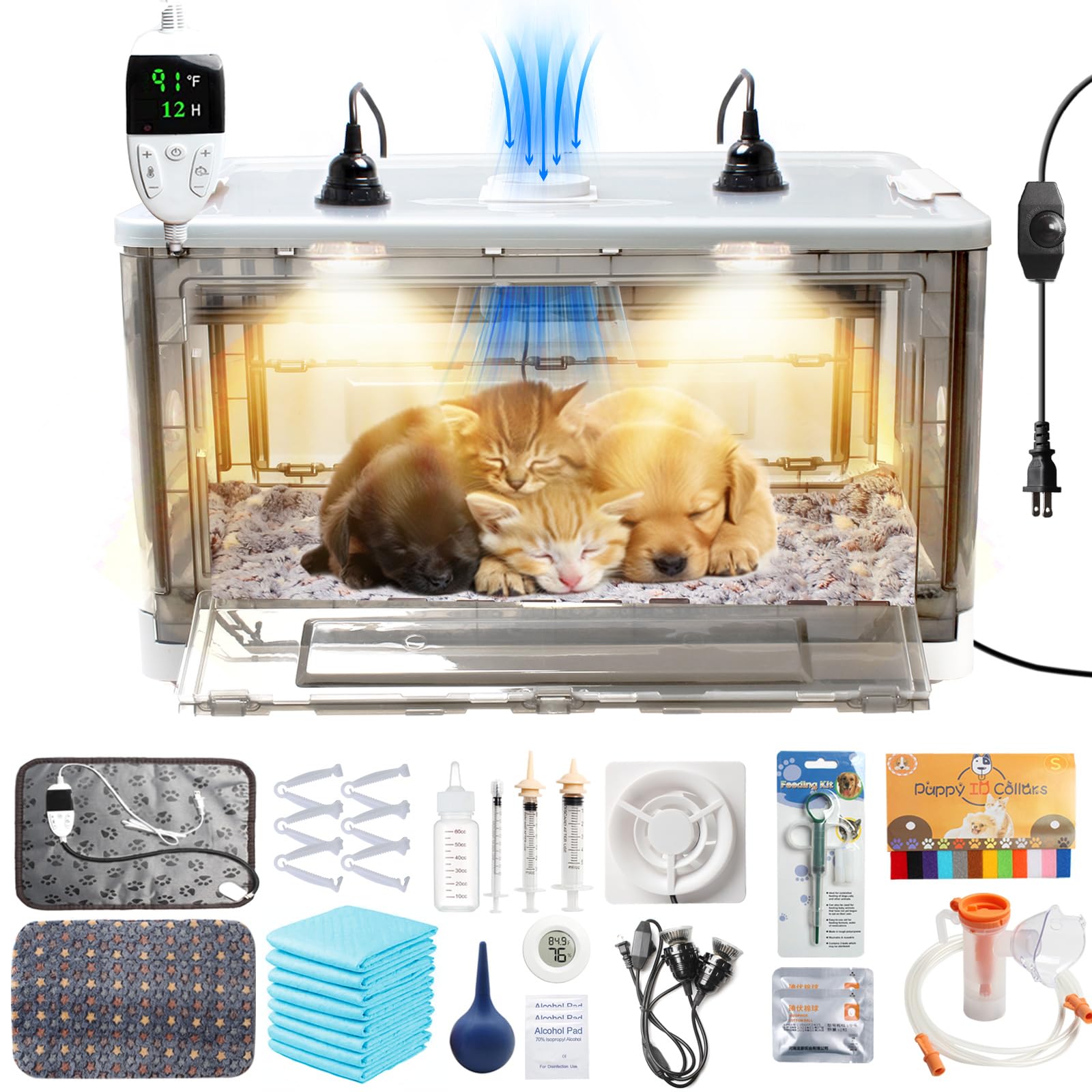 puppy incubator with heating and fan, ideal incubator for puppies and kittens, ensures good ventilation and temperature control for newborn pets(55l)
