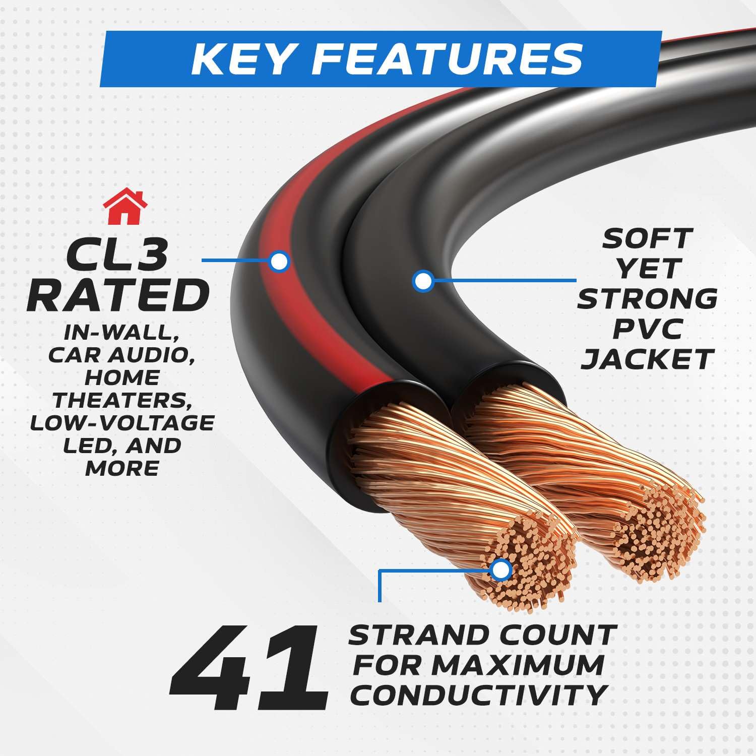Cables Direct Online Cable de altavoz de 500 pies, 14 AWG, 2 conductores (14/2) clasificación CL3 CCA (aluminio recubierto de cobre), cubierta negra, compatible con cable LED de bajo voltaje, audio de