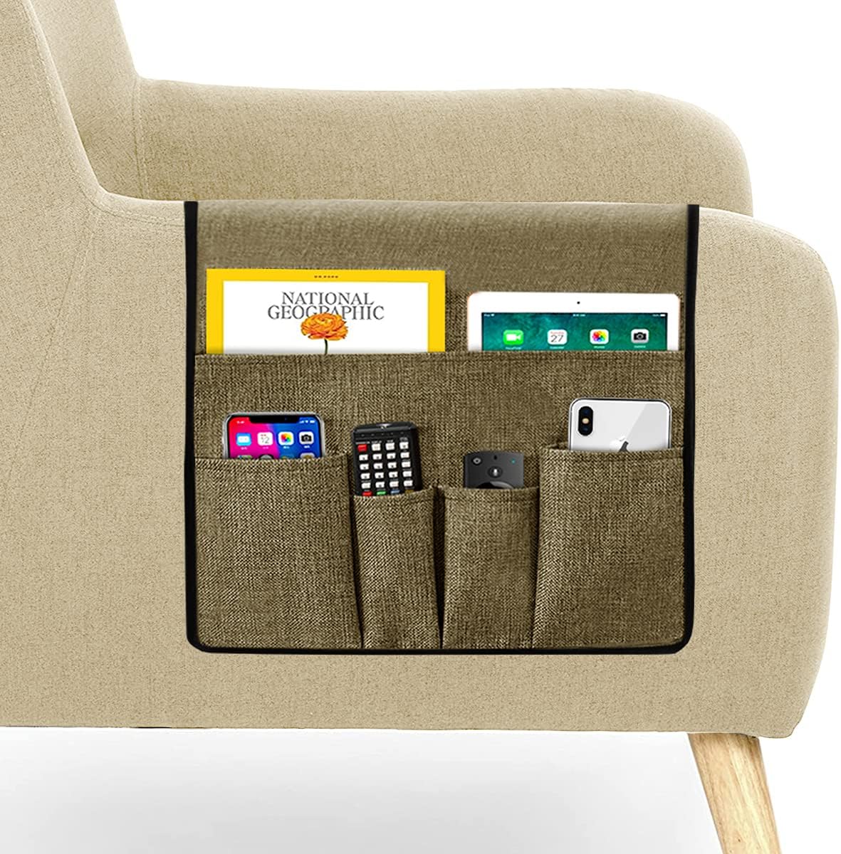 Guken Couch Caddy Remote Storage Organizer Armrest Organizer Sofa Caddy Remote Control Holder Slip Resistant with 5 Pockets for Remotes, Glasses, Books, Magazines, Ipad, Snacks (Chocolate, L35 x W13)
