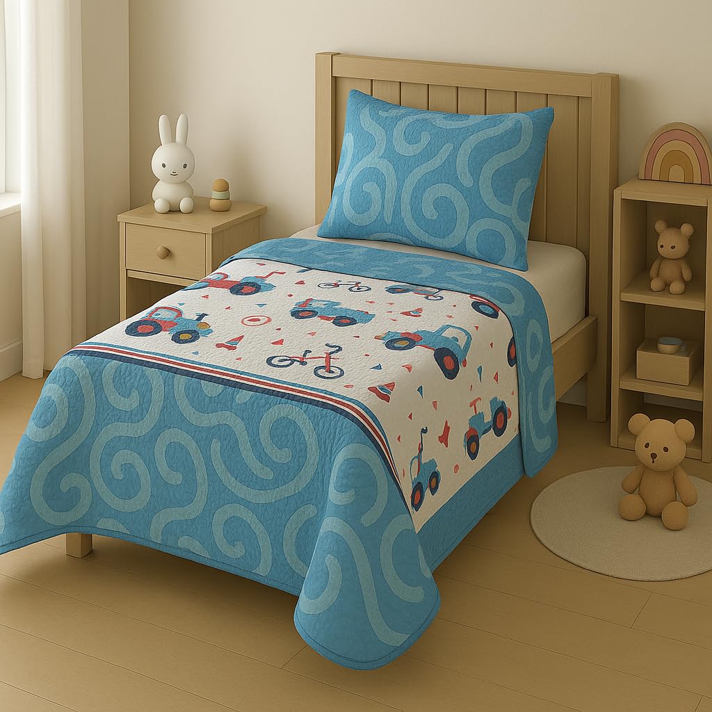 DECASATEXTIL - Colcha Infantil para Cama de 90 - Diversos Diseños para los Más Peques - Encanto y Fantasía en la Cama Infantil - 100% Microfibra (Cama 90/105cm- 180x265cm, Camiones)