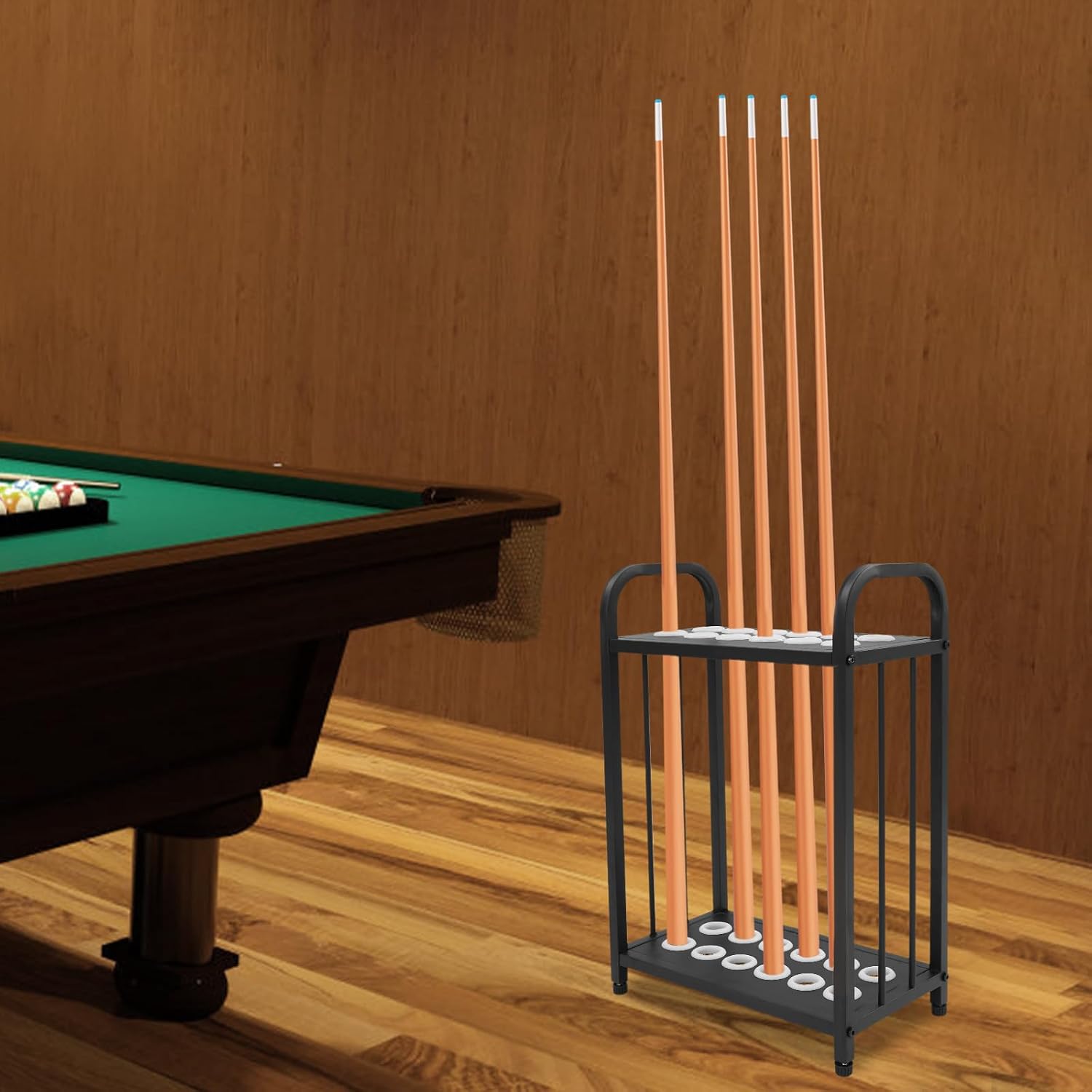 12-Hole Floor Stand Pool Cue Rack, Sturdy Carbon Steel Pool Stick Holder with Double-Tier Stable Structure, Easy-Assemble Billiards Accessories Organizer for Game Room (White)
