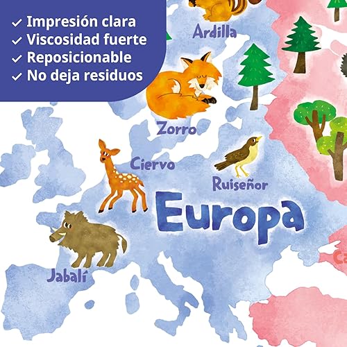 Miniatura 4 de DECOWALL SG2-1615SES - Calcomanías de pared para niños, diseño de mapa del mundo de animales españoles, despegar y pegar, extraíble para cuarto de