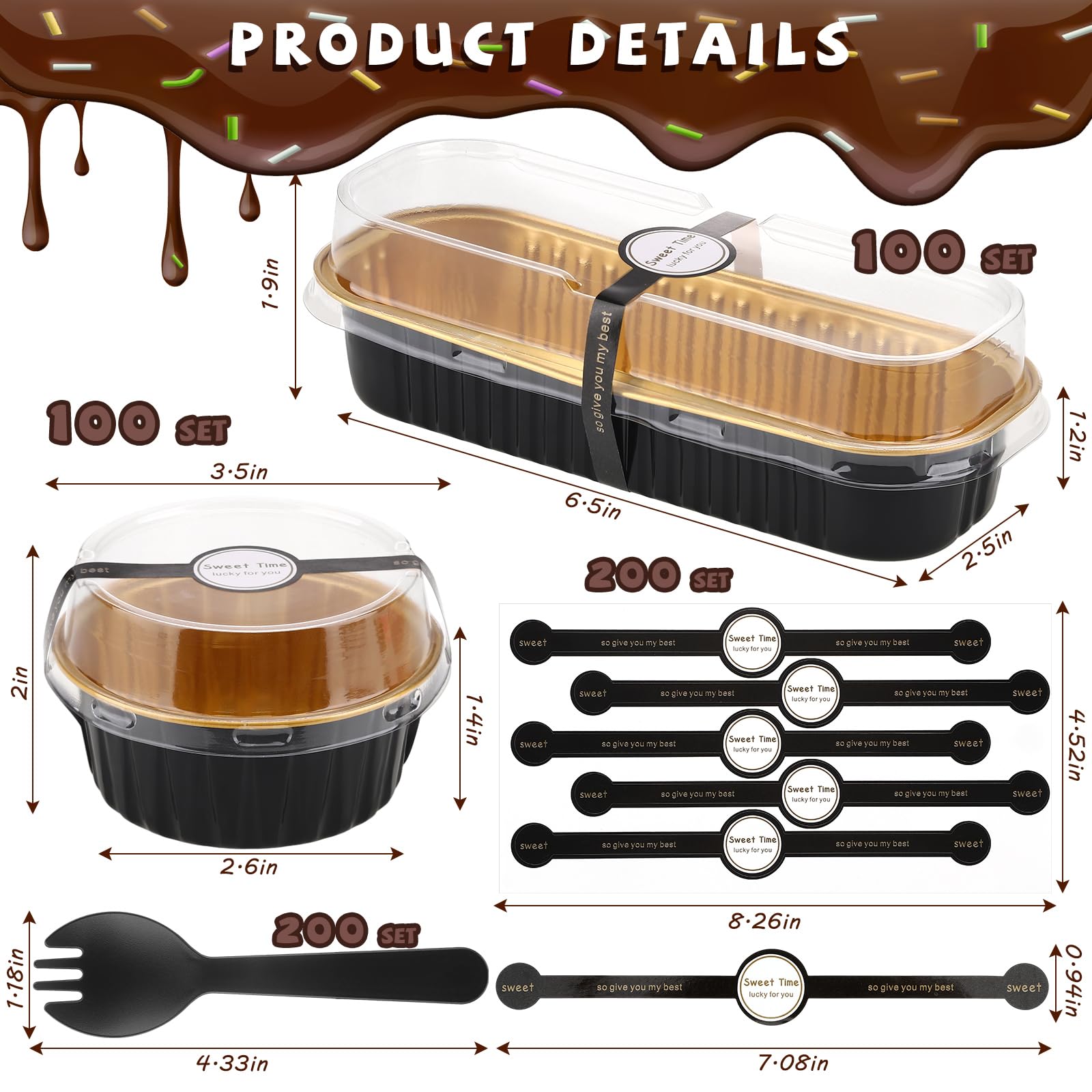 600 Pcs Mini Loaf Pans with Lids and Spoons Sealing Stickers 6.8oz Disposable Aluminum Foil Muffin Baking Pans 5oz Cupcake Cups Cake Containers for Mothers Day Holidays Party Picnics(Black)
