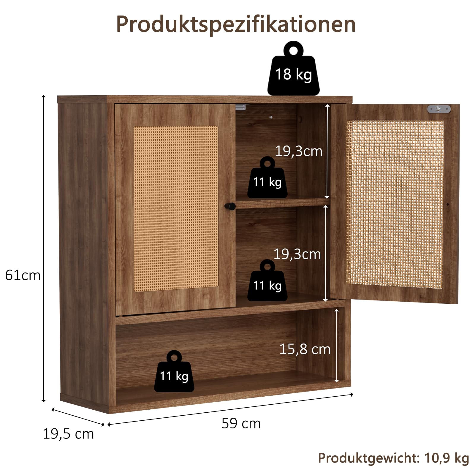 Hängeschrank Bad Badezimmerschrank Wandmontiert, Rattan Hängeschrank mit 2 Türen & offener Ablagekammer, Aufbewahrungsregal über Toilette, Wandregal für Badezimmer Küche Wohnzimmer Waschküche, Walnuss