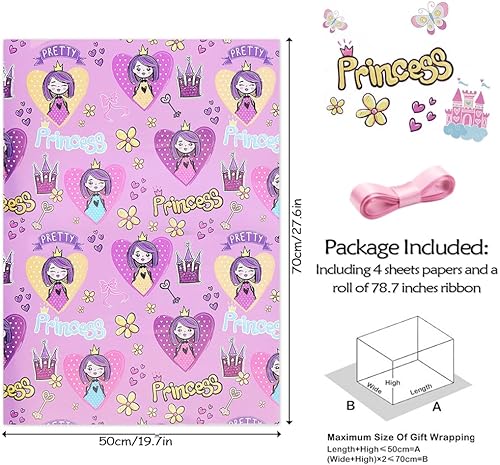 Miniatura 2 de Geluode Papel de regalo de cumpleaños de princesa para niñas y bebés, bonito diseño de castillo de princesa rosa, papel de regalo para cumpleaños,