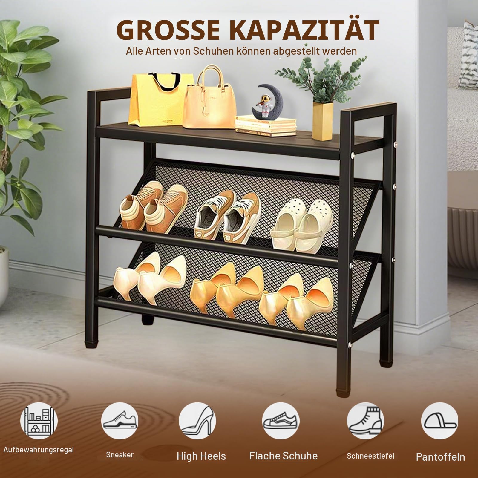 Kompaktes Schuhregal, Schrägtes 3 Ebenen, Schuhschrank Schmal, Schuhständer aus Metall, Schuhaufbewahrung, Schuh-Organizer, Platzsparend, für Eingangsbereich, Garderobe, Flur, Wohnzimmer, Schwarz