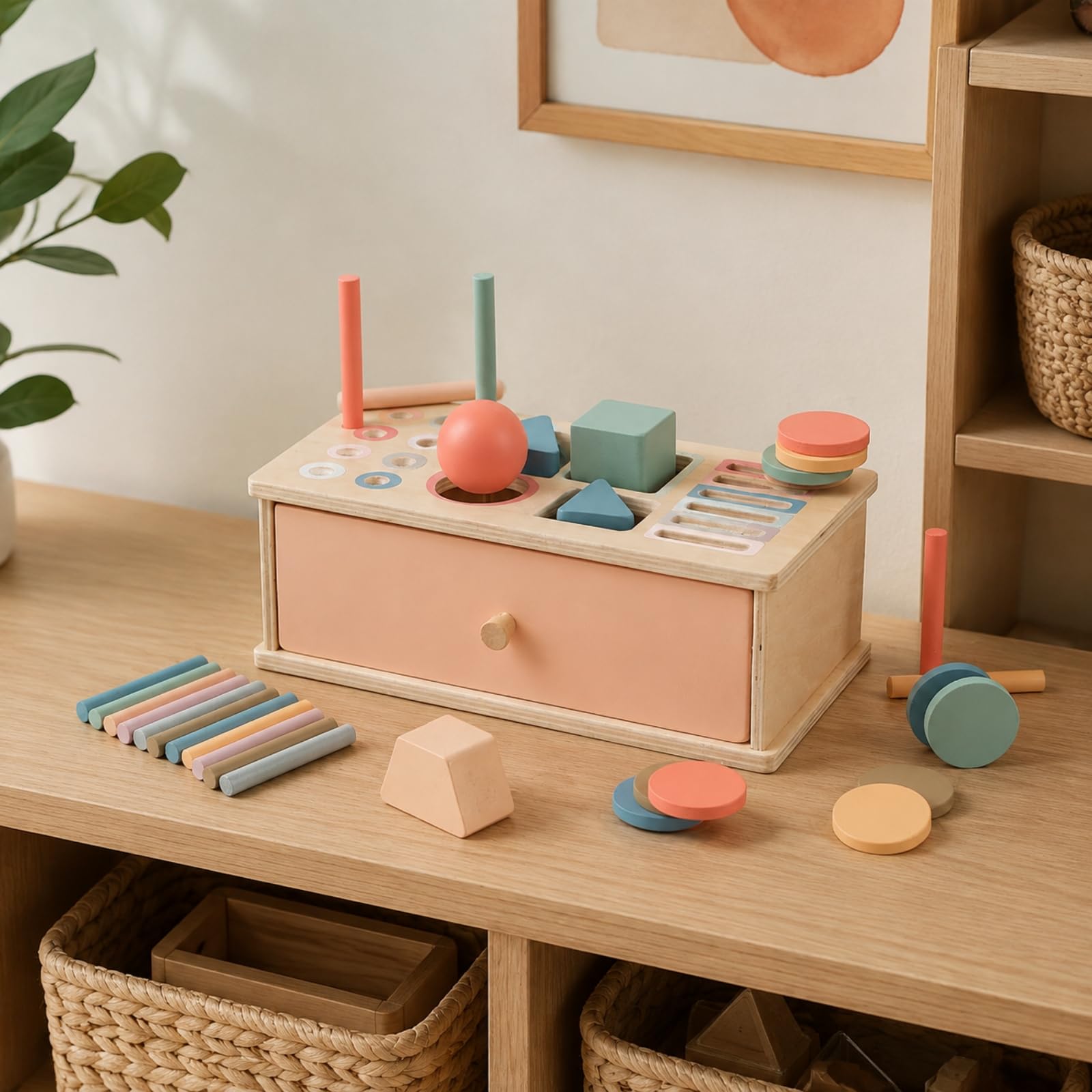 Harilla Scatola di Attività in Legno con Cassetto Colorato Scatola di Apprendimento con Sagomate Resistente Giocattolo Educativo per Bambini Piccoli, Stile B