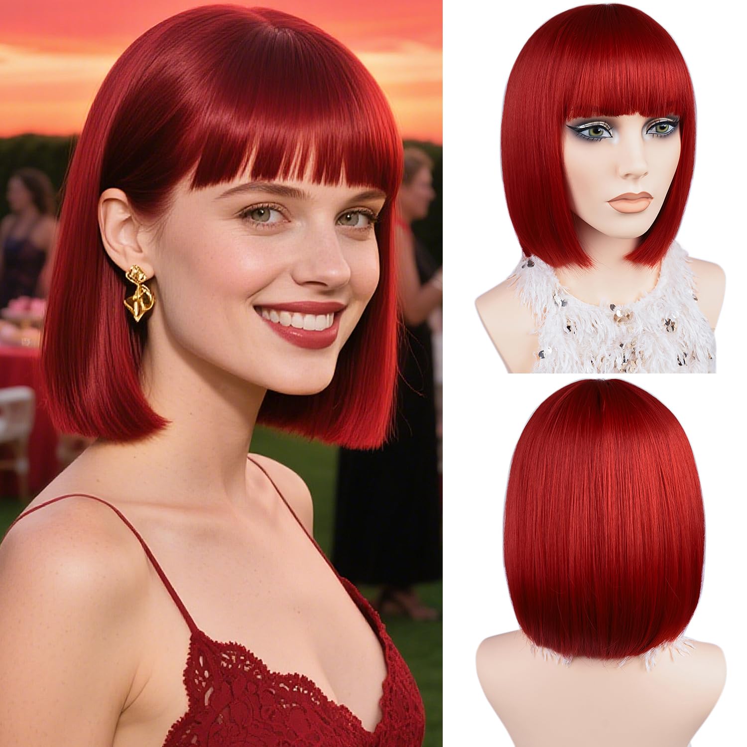 MAYSA Red Bob Wig with Bangs Short Straight Colorful Bob Wigs 12in Synthetic Cosplay Daily Party Neon Wigs for Women # Red MAYSA Red Bob Wig with Bangs Short Straight Colorful Bob Wigs 12in Synthetic Cosplay Daily Party Neon Wigs for Women # Red